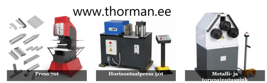 Professionella metallbearbetningsmaskiner i verkstaden: En 70t stans och press, en 50t Zopf horisontell bockningsmaskin samt en profil- och rörbockningsmaskin.